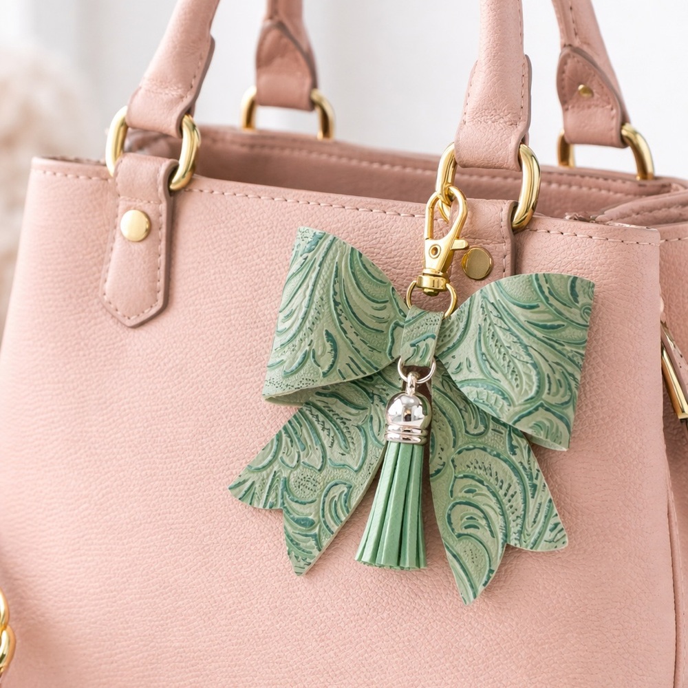 Green Embossed Faux Leather and Tassel Bag Charm Key Chain
